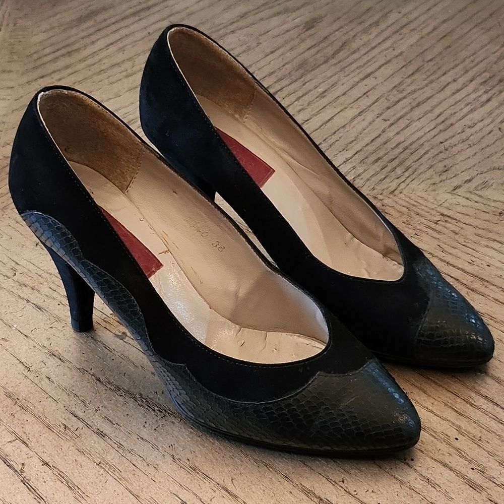 Leather snake skin suede vintage pumps size 38 made in France